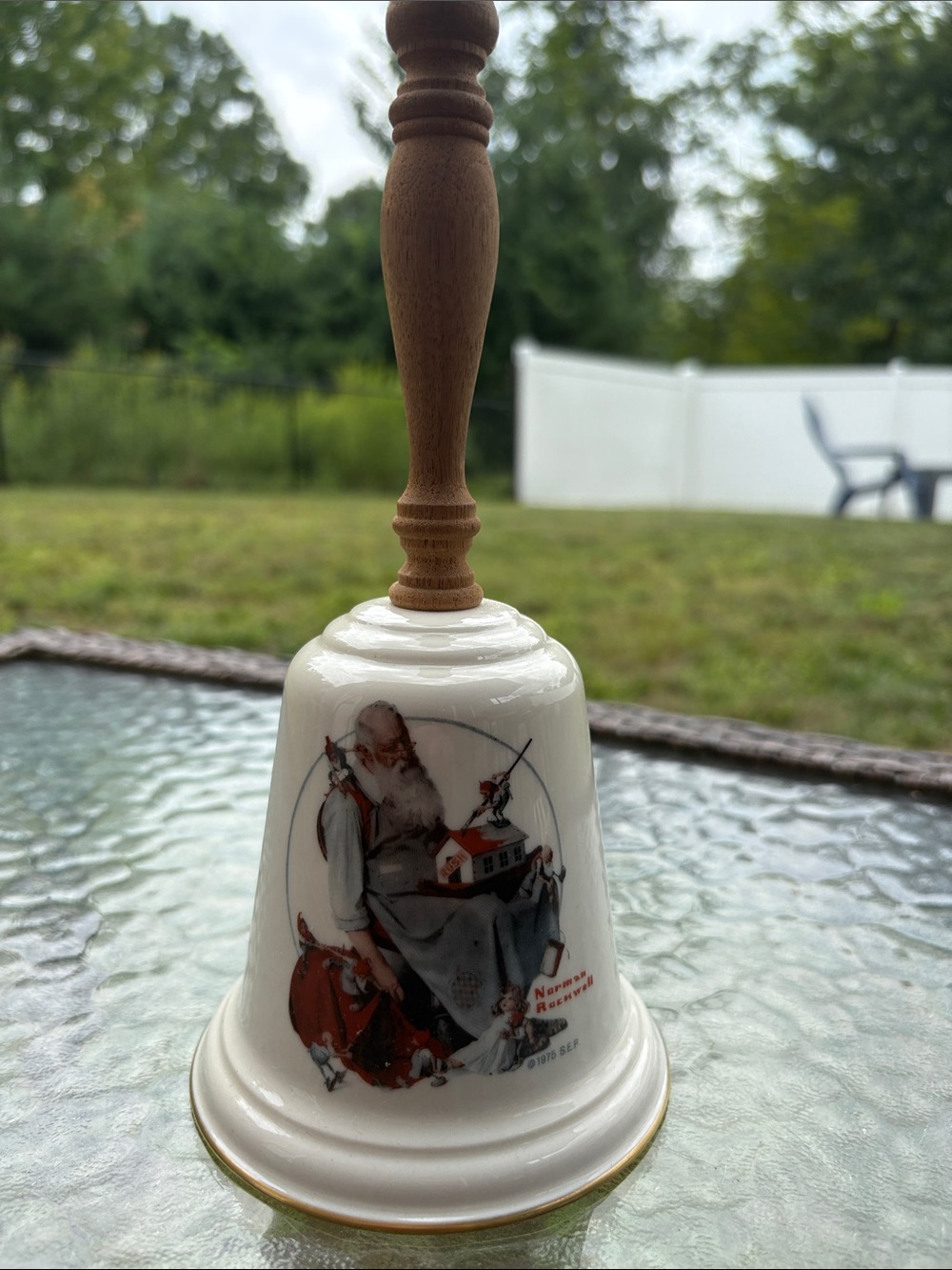 1975Vintage Norman  Rockwell Gorham White and Gold Ceramic Santa Bell Wood Handl